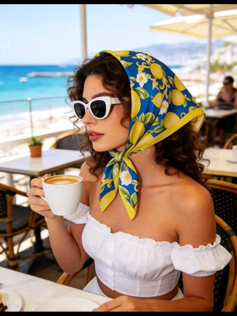 Blue & Yellow Lemon Print Scarf - Picture 3 of 4